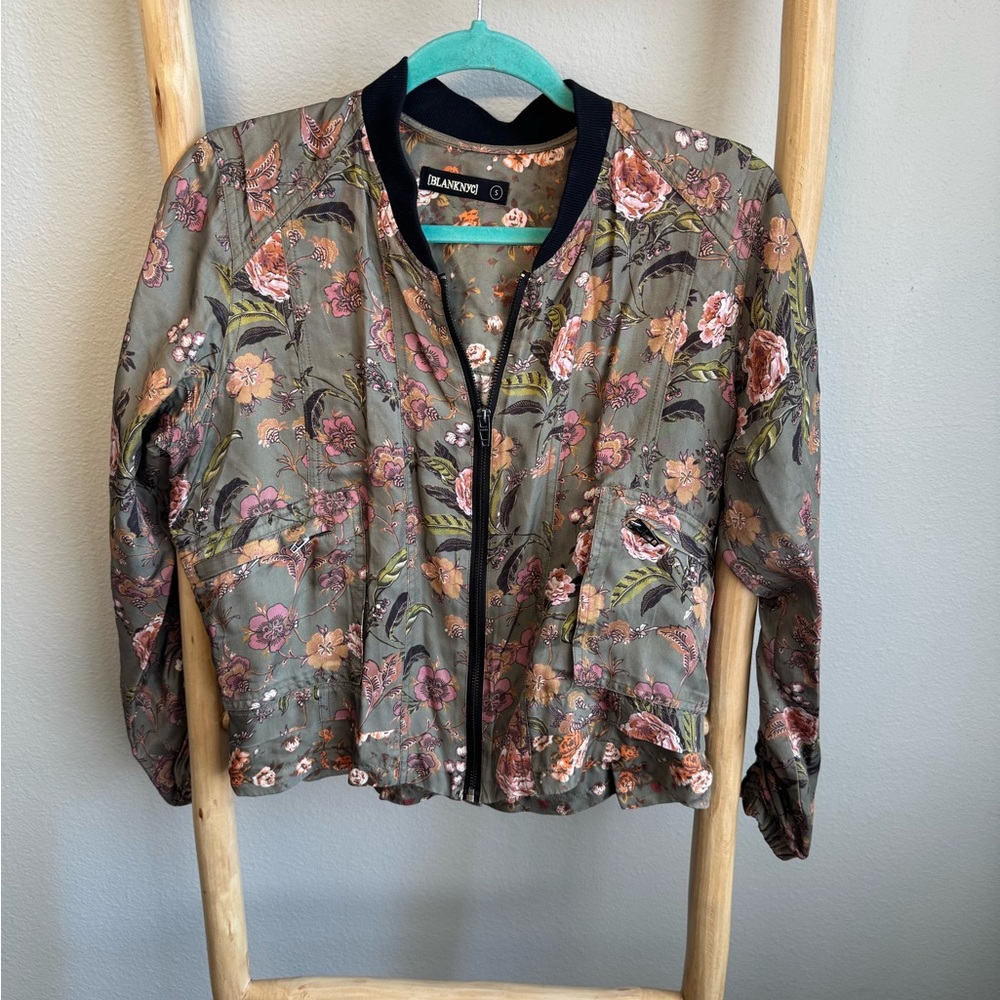 Blank NYC Floral Silk Bomber Jacket - Gray and Pink